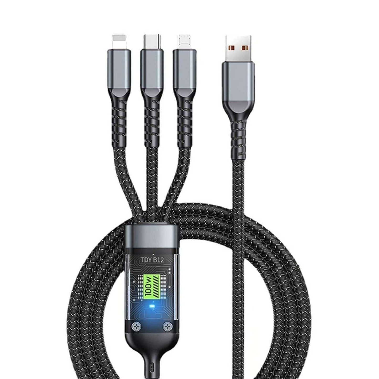 3-in-1 Fast Charging Cable with Digital Display – Type-C, Micro USB & Lightning Multi Charging Cable