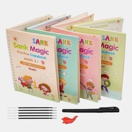 Sank Magic Reusable Handwriting Improvement & Early Learning Kit for Kids ( Set – 4 Books with Magic Pen, Grip & 10 Refills )